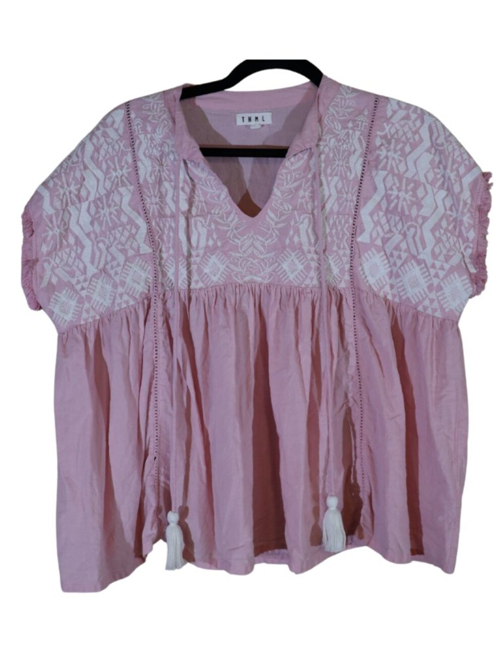 THML Pink Boho Embroidered Babydoll Blouse M Tassel